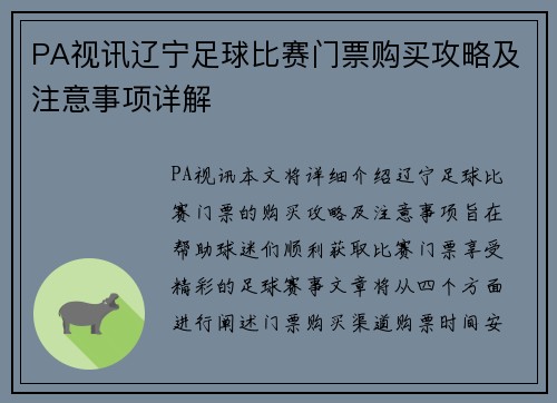 PA视讯辽宁足球比赛门票购买攻略及注意事项详解