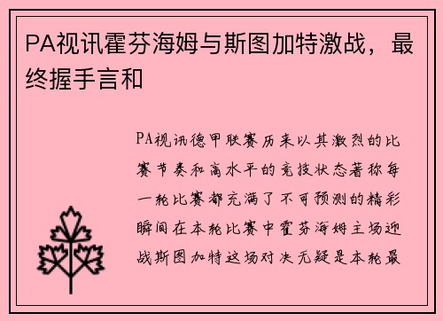PA视讯霍芬海姆与斯图加特激战，最终握手言和