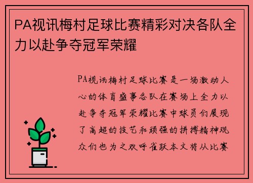 PA视讯梅村足球比赛精彩对决各队全力以赴争夺冠军荣耀